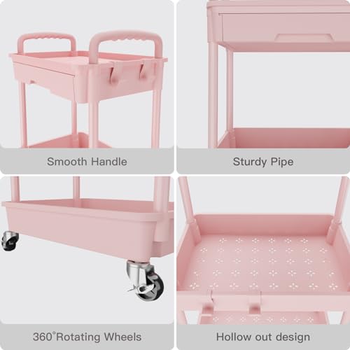 REBECAT 3 Tier Rolling Utility Cart with Drawer,Storage Cart,Rolling Cart for Kitchen,Bathroom,Living Room,Storage Organizer with Iron Wheels（Pink - color: Pink