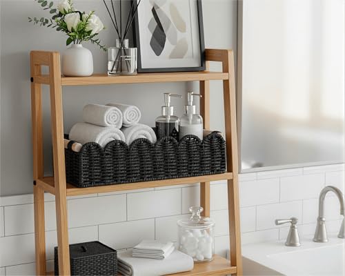 CubesLand Toilet Paper Storage Basket Scalloped Edge Home Decor Basket, Living Room Cozy Decor, Paper Rope Small Baskets for Over Toilet Storage Shelf, End Table, Shelves, with 2 Wooden Handles, Black - color: Black, size: M - 14"L x 6.3"W x 3.9"H