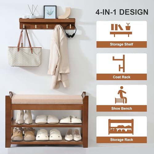 PETKABOO Shoe Rack for Front Door Entrance, 28” Entryway Bench with Coat Rack, Hall Tree Shoe Bench with Storage for Entry, Hallway, Bedroom, Living Room - color: Brown, style: 28 in with hook