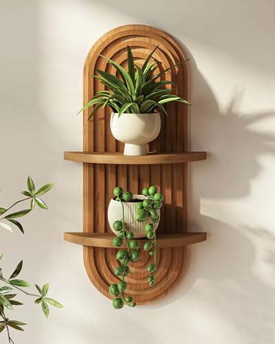 Bamworld Plant Wall Shelf Boho Wall Decor Brown Hanging Plant Shelf Mid Century Modern Decor 2-Tier Wooden Floating Shelves for Home, Bathroom Living Room Office Holding Planter Decoration, 1Pcs - color: Brown - Matte, size: 16.7'' -1 Pcs