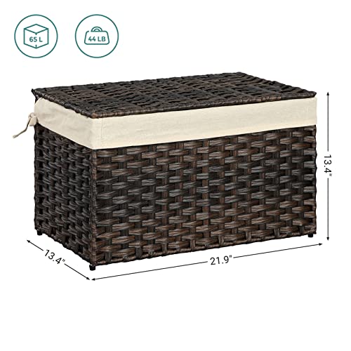 SONGMICS Storage Basket with Lid, Woven Blanket Storage Bin with Handles, Foldable, Removable Liner, Metal Frame, for Bedroom, Laundry Room, 17.2 Gallons (65 L), Brown URST56BR - color: Brown, size: 65 L