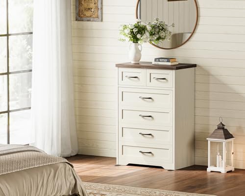 AODK Farmhouse Tall 6 Drawer Dresser for Bedroom, 5-Tier Vertical Storage Chest with Mixed Drawers, Engineered Wood Frame with Anti-Tip Safety, American Country Furniture, Walnut & Vintage White - color: Walnut & Vintage White, size: 15.7"D x 26"W x 38.2"