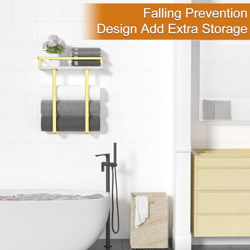 Towel Racks for Bathroom Wall Mounted, Metal Towel Holder with Wooden Shelf for Folding Large Towels, Towel Storage for Small Bathroom Organizer Decor or RV Camping,Golden - color: Golden, size: Small