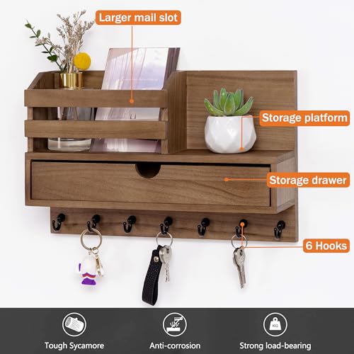 dreampossible Key and Mail Holder for Wall, Mail Organizer Wall Mount with 6 Hooks and Storage Drawer, Wooden Key Rack Hanger with Shelf for Entryway and Home Decor - color: Brown, size: Large(13.4''x8.7'')