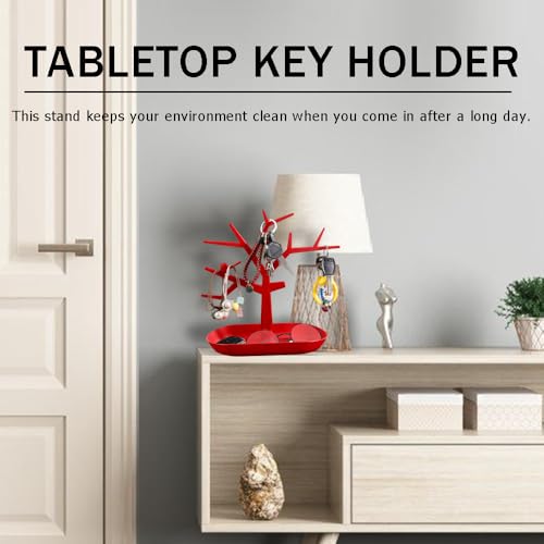 OULIGET Tabletop Key Holder Stand Tree Key Rack,Stand Jewelry Display Necklace Ring Earring Holder Rack,Jewelry Organizer Tray Home Decor for Home Entryway (Red) - color: Red
