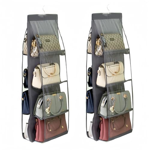 HAN SHENG 8 Pockets Clear Handbag & Purse Organizer Hanging Bag Storage - Space Saving Hanging Shelf for Closet, Wardrobe, Over Door (2 Pack, Grey) - color: Grey, size: 8 Pockets-2pcs