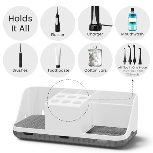 Boperzi Electric Toothbrush Holders with Cord Slots: Detachable Toothbrush and Toothpaste Holders, Large Tooth Brush Storage Caddy Set Drainage, Anti-Slip Bathroom Counter Organizer for Family, Kids - color: White/Grey