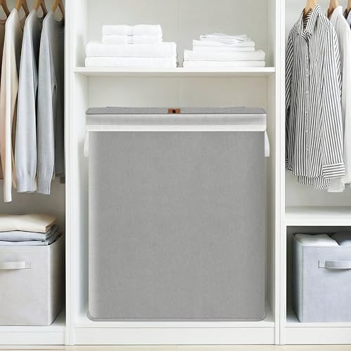 STORAGE MANIAC Double Laundry Hamper with Lid, 140L Tall Metal Frame Laundry Baskets with Removeable Bag, Large Clothes Hamper with PU Tag, Laundry Bin for Dorm, Collage, Bathroom, Bedroom, Gray - size: 2 Section
