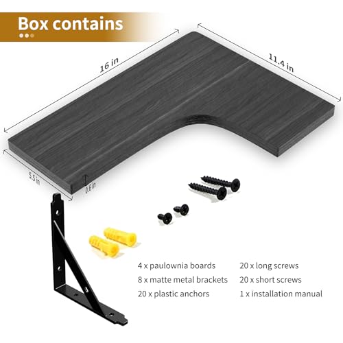 ROMGUAR CRAFT Corner Floating Shelves Wall Mounted Set of 4, Rustic Wood Storage Display Shelves for Home Decor, Bathroom, Kitchen, Bedroom, Living Room, Office (Black) - color: Black