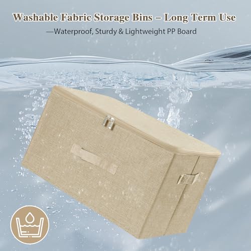 ANMINY 2PCS Storage Bins with Zipper Lids 36 Qt Lidded Fabric Storage Boxes Baskets Cubes with Handles Collapsible Washable Cotton Linen Closet Shelf Clothes Organizer Containers - Beige, Large - color: Beige, size: Large (Pack of 2)