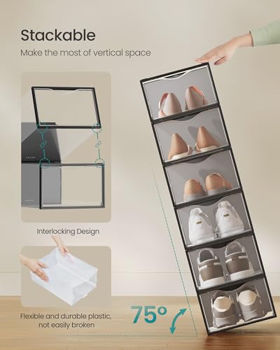 SONGMICS Shoe Boxes, Shoe Storage Organizers Rack for Closet, Plastic Stackable Sneaker Containers Case, 12 Pack, Transparent and Ink Black ULSP312B01 - color: Transparent + Ink Black, size: 12 Count Fit Size 11