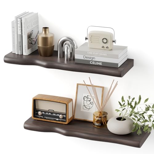 Floating Shelves for Wall Rustic Farmhouse 24 Inch Floating Shelf Bathroom Wooden Shelves for Wall Mounted Live Edge Pine Shelf with Unique Natural Grain for Living Room Bedroom Kitchen (Grey) - color: Grey, size: 24 inch - 2pcs