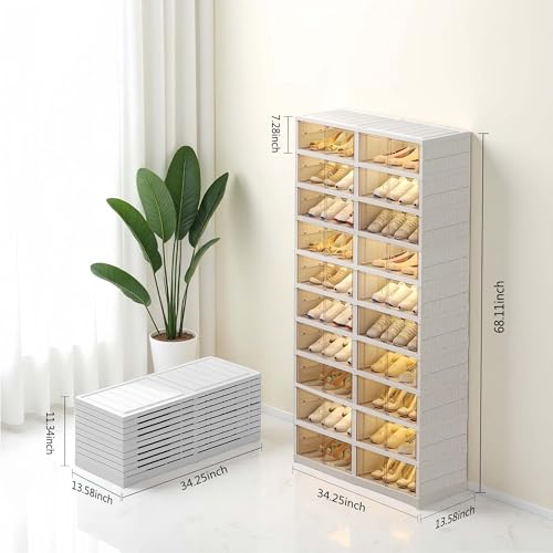 10-Tiers Shoe Rack Organizer with Doors, Foldable Storage Cabinet Holds 40 Pairs, Stackable Plastic Shelf for Closet, Entryway, Living Room, Collapsible Easy Assembly Large - size: 10 Tiers 40 Pairs