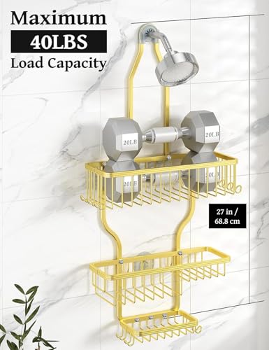 YASONIC Never-Rust Aluminum Hanging Shower Caddy – Over-the-Showerhead Organizer with 10 Hooks for Razor and Sponge – Includes Soap Basket – Gold - color: Gold
