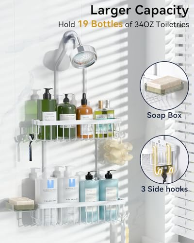 YASONIC Shower Caddy Hanging, Never Rust Shower Organizer Hanging, Aluminum Shower Racks for Inside Shower with Hooks for Razor, Bathroom Organizers and Storage with Soap Holder, White - color: White