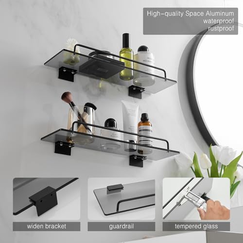 Voldra Glass Shelf for Bathroom, 2 Pack Adhesive Shower Shelves for Inside Shower No Drilling, Tempered Glass Showers Organizer with Guardrail Bathroom Shelf Storage Rack (Black) - color: Glass-Rectangle, size: 2 Pack