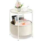 danpinera Round Side Table with Fabric Storage Basket, Metal Side Table Small Bedside Nightstand with Removable Tray Top for Living Room, Bedroom, Nursery, Laundry, White - color: White