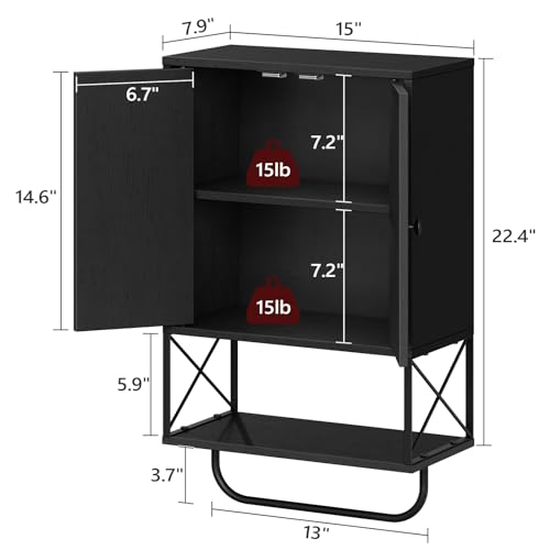 MAHANCRIS Bathroom Wall Cabinet with 2 Door and Adjustable Shelf, Farmhouse Medicine Cabinet with Towel Rack, 3-Tier Wall Mounted Storage Cabinet Over The Toilet for Bathroom Laundry Room, Black - color: Black, size: 15"L x 7.9"W x 26.1"H