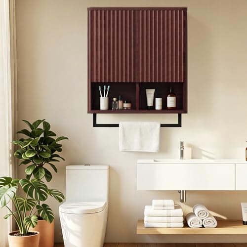 Bathroom Wall Storage Cabinet, Over The Toilet Medicine Cabinet, Hidden Storage & Open Shelves, Small 2-Door Multi-Functional Bathroom Organizer with Towel Bar for Bathroom & Kitchen - color: Dark Mahogany Brown