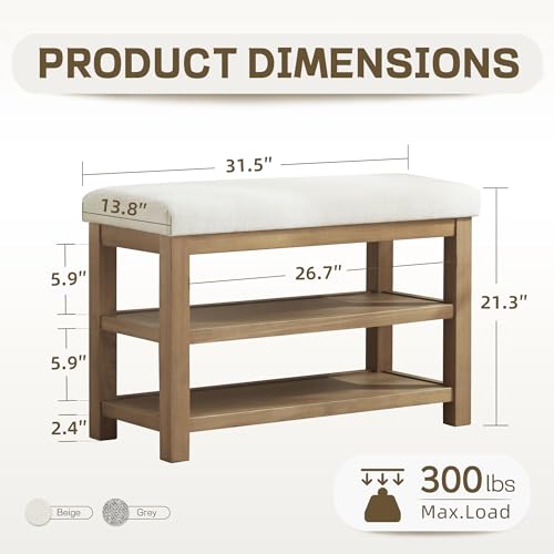 Zihanhome 2 Tier Shoe Rack Bench with Cushion, Solid Wood Shoe Benches, Mid-Century Modern Shoe Storage Bench for Entryway, Hallway, Living Room, Closet, Front Door Entrance, (Beige, 31.5") - color: Beige, size: 31.5"