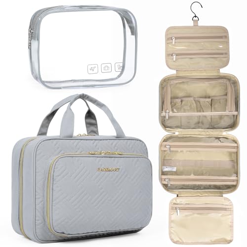 BAGSMART Toiletry Bag Hanging Travel Makeup Organizer with TSA Approved Transparent Cosmetic Bag Makeup Bag for Full Sized Toiletries, Medium-Grey - color: Grey, size: Standard