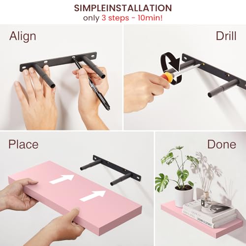 BAYKA Pink Floating Shelves for Wall Set of 3, 15.7in Wood Wall Shelves for Bathroom, Bedroom, Living Room Decor Organize, Hanging Shelf for Books/Storage/Display with 22lbs Capacity - color: D. Pink - Romantic & Sweet Style, size: 15.7inches
