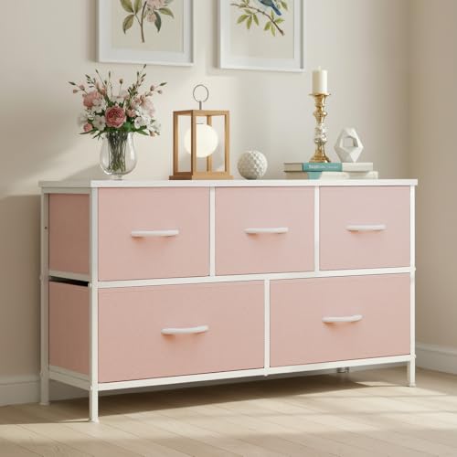 OLIXIS Dresser for Bedroom with 5 Drawers, Wide Chest of Drawers, Fabric Bedroom Dresser with Drawer Organizer, Storage Organizer Unit with Fabric Bins for Closet, Living Room, Hallway, Pink - color: Pink, size: 11.9"D x 38.1"W x 20.9"H (5 Drawers)