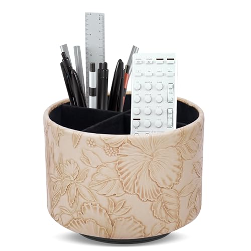 Hennaja Round Leather Art Supply Organizer,Remote Control Holder,360 Degree Spinning,Multi-Functional Pencil Holder,4 Compartments Desktop Stationary Organizer(1-Carved Light Brown) - color: 1-Carved Light Brown