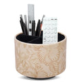 Hennaja Round Leather Art Supply Organizer,Remote Control Holder,360 Degree Spinning,Multi-Functional Pencil Holder,4 Compartments Desktop Stationary Organizer(1-Carved Light Brown) - color: 1-Carved Light Brown