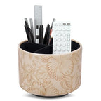 Hennaja Round Leather Art Supply Organizer,Remote Control Holder,360 Degree Spinning,Multi-Functional Pencil Holder,4 Compartments Desktop Stationary Organizer(1-Carved Light Brown) - color: 1-Carved Light Brown