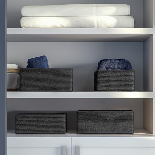 LA JOLIE MUSE Storage Baskets Set 4 - Sturdy Woven Paper Rope Decorative, Stackable Wicker Baskets for Makeup Closet Bathroom Bedroom (Ebony Black) - color: Black