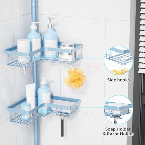KEGII Shower Caddy Tension Pole, 4-Tier Rustproof Adjustable Corner Bathroom Organizer for Renters, 25–114.2 Inch No Drill Space-Saving Shower Storage Rack, Blue - style: Tension Caddy - Blue