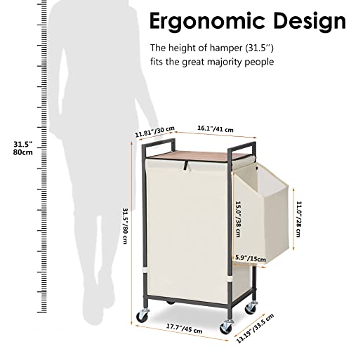 Laundry Hamper with Rustic Brown Lid & Wheels; 96L Large Rolling Laundry Basket with Removable Oxford Liner Bag; Tall Freestanding Dirty Clothes Hamper with Side Pocket; Metal Frame Laundry Cart - color: Beige