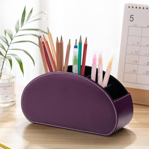 Remote Control Holders Organizer Box with 5 Compartment PU Leather Multi-functional Office Desk Storage Caddy Store Tv Remote for Media Player,Brush,Pencil,Glassees&Office Supplies (Dark purple) - color: Dark purple, size: S