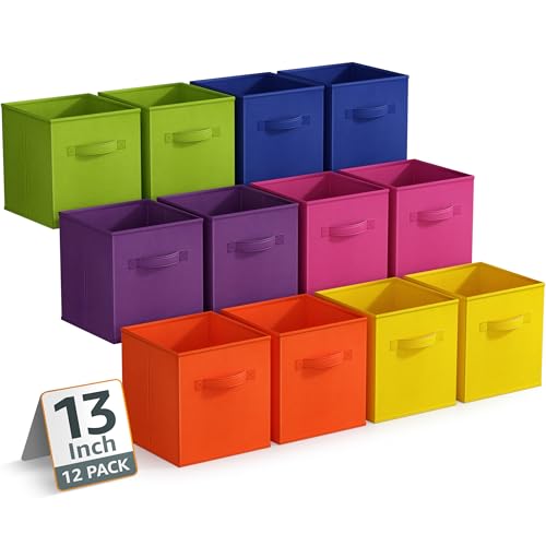 Sorbus 13 Inch Storage Bins - Sturdy Collapsible Fabric Storage Cubes with Handle - 12 Foldable Baskets for Organizing Clothes, Toys, Books - Storage Baskets for Shelves, Closets - color: 12 Pack Bright Rainbow, size: 13 Inch