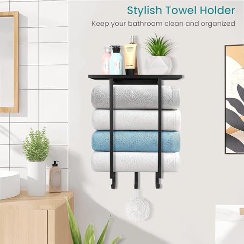 ELITEROO Towel Holder for Bathroom Wall, Towel Rack with Shelf and Hooks, Hanging Towel Organizer for Small Bathroom Storage, Wooden Rolled Towel Shelf for RV, Camper, Black - color: Black