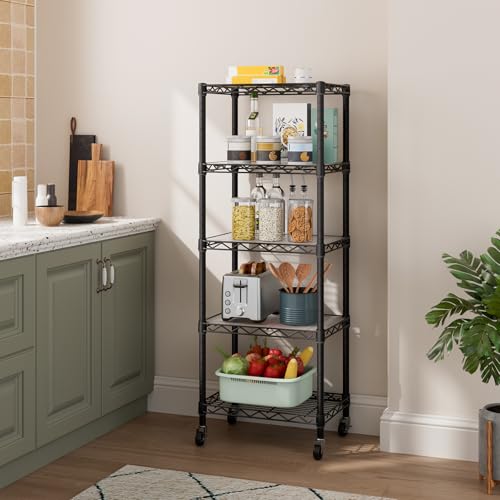 Golpart Small 5 Tier Shelves Storage Wire Shelving Unit Metal Shelf Adjustable Organizers Storage Shelving with Wheels for Bathroom Laundry Room Kitchen Pantry12”D x 18”W x 57.2”H Black - color: Black, size: 5 shelves (12 "D X 18 "W X 57.2 "H)