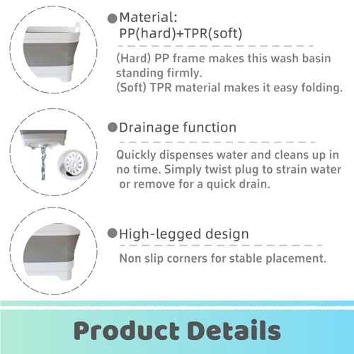GIMWA Collapsible Wash Basin with Drain Plug - 2.4 Gallon Foldable Kitchen Sink for Baby Bottles, RV Camping, Space-Saving Dish Tub (Gray) - color: Gray