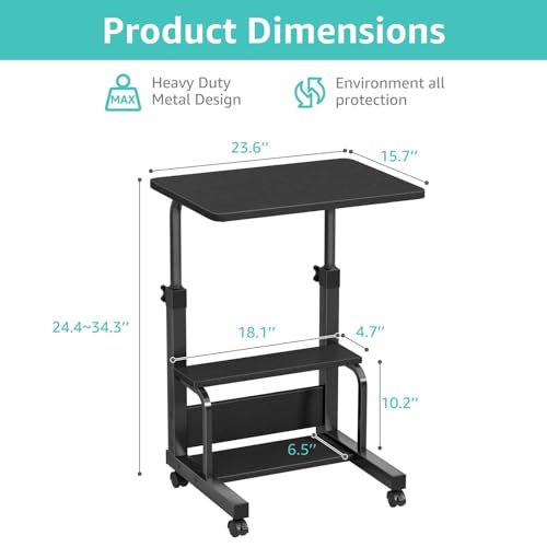 WINAZ Small Rolling Desk for Small Spaces - 24" Portable Kids Desk with Wheels, Height Adjustable C Shaped Side Table Mobile Laptop Desks with 2-Tier Storage Shelves for Bed Sofa, Black - color: Black