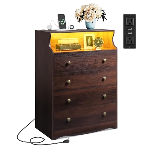 WLIVE LED Dresser for Bedroom, Tall Wood Dresser with 4 Drawers and Open Shelf, Chest of Drawers with Power Outlet for Living Room, Hallway, Closet, Rustic Brown - color: Brown, size: 4 Drawers