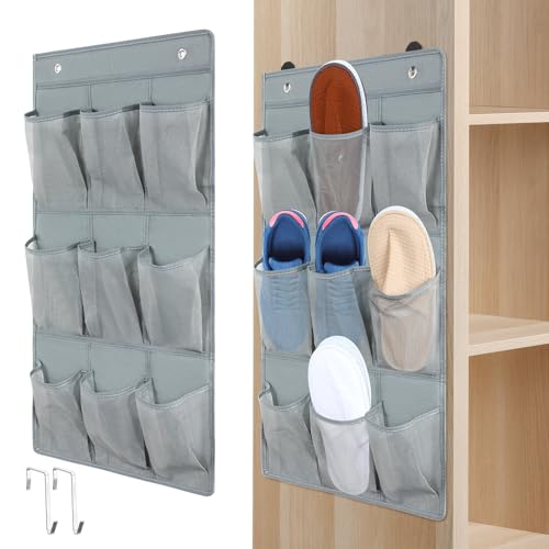 Dansydaisy 2 Pack 18 Pocket Wall Hanging Shoe Rack for Closet RV Shoe Storage with 8 Hooks over the Door Shoes Holder Organizer for Bathroom, RV, Pantry, Camping(Gray) - color: Grey