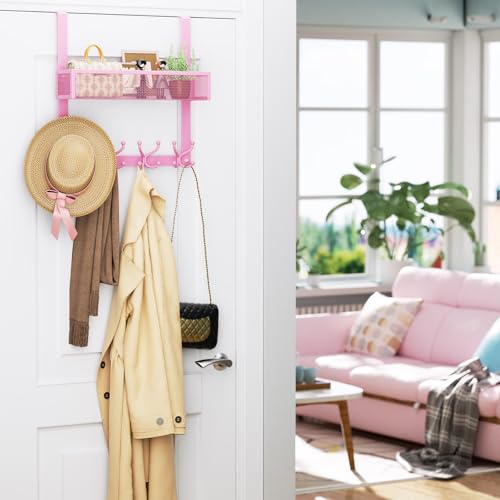 Consumest Over The Door Hooks Organizer - Over Door Hanger with 16 Hooks & 2 Baskets for Hanging Coat, Clothing, Towel, Back Storage for Bathroom, Closet, College Dorm, Pink - color: Pink-16 Hook 2 Basket, size: 2 Tier