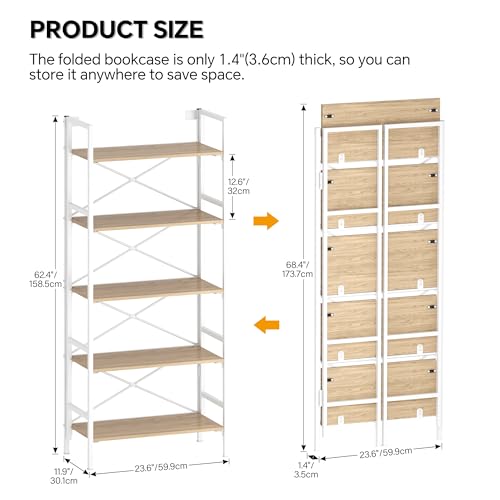 Folding Bookshelf,5 Tier Bookcase Foldable Shelf with X-Bracket Design, Adjustable Feet, Space Saving Storage for Living Room, Office, Light Coffee - color: Light Coffee, size: 5 Tier
