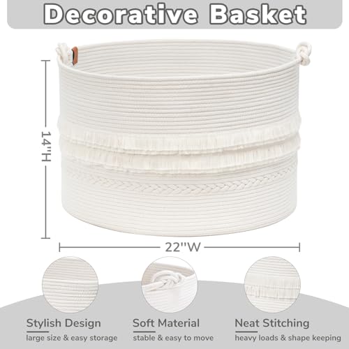 CherryNow 22"x22"x14" Large Blanket Basket, Home Décor for Living Room Bedroom, Boho Decorative Laundry Basket for Clothes, Baby Toy Storage, White - color: Off-white, size: 83L (22"W x 14"H)