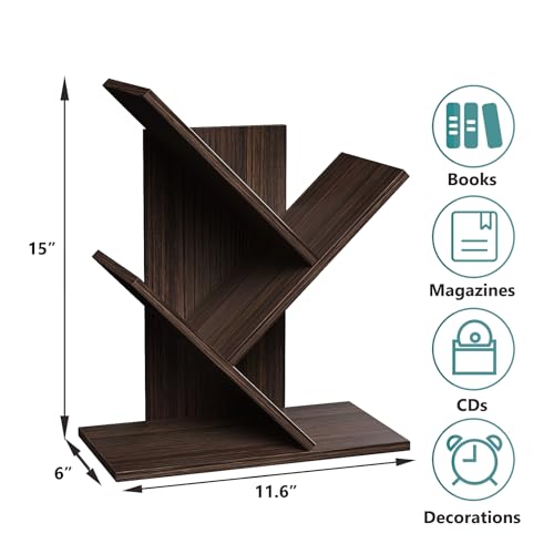 R RUISHENG 3 Tier Small Tree Bookshelf Desk Book Organizer Narrow Bookcases for Books Magazines CDs Free Standing Retro Wooden Storage Shelves for Home Office Bedroom Living Room Dark Walnut - color: Dark Walnut