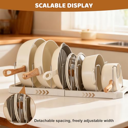 Pots and Pans Organizer Under Cabinet, 14-Slot Expandable Pot Rack Organizer with Cup Brush, Kitchen Pots and Pans Organizer for Cookware, Lids, Bakeware, Cutting Boards Tool-Free Installation (White) - color: White
