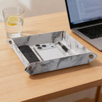 Valet Tray Desktop Storage Organizer – Premium PU Leather Catchall Bedside Vanity Tray Nightstand Caddy Holder for Remote Controller, Keys, Phone, Wallet, Coin, Jewelry,Marble White - color: Marble White