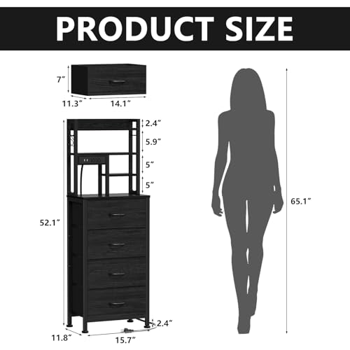 Furnulem Tall Nightstand, LED Night Stand with Charging Station and USB Ports, 4 Fabric Drawers and 4 Tier Storage Shelf, Nightstands Bedside Tables for Bedroom, Dorm, Office (Black Oak) - color: Black Oak, size: 4 Drawer