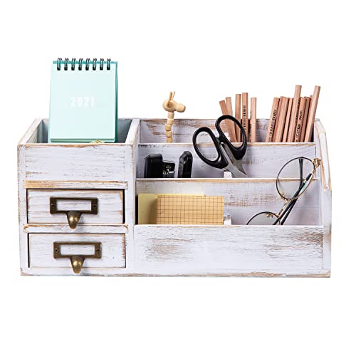 Distressed Rustic Wooden Office Desktop Organizer Shelf Tabletop Home Organizer Storage with Multiple Compartments 2 Tier Drawers perfect Jewelry storage Display Box for Desk Vanity (Washed white) - color: Washed white