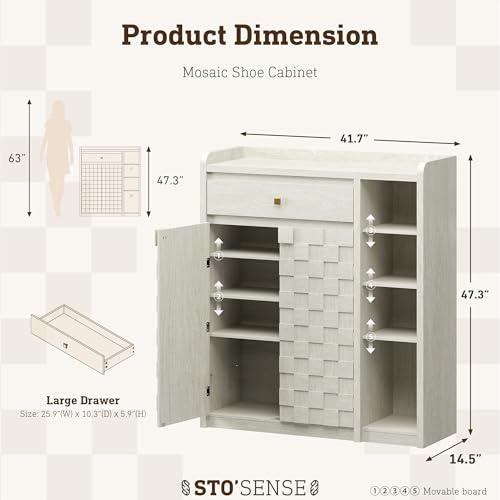 STO'SENSE Large Shoe Cabinet with Doors, 8-Tier Shoe Storage Cabinet with Drawer & 4 Side Cubbies & 5 Adjustable Shelves, 47" Tall Shoe Rack Organizer Cabinet for Entryway, Hallway (White Oak) - color: White Oak